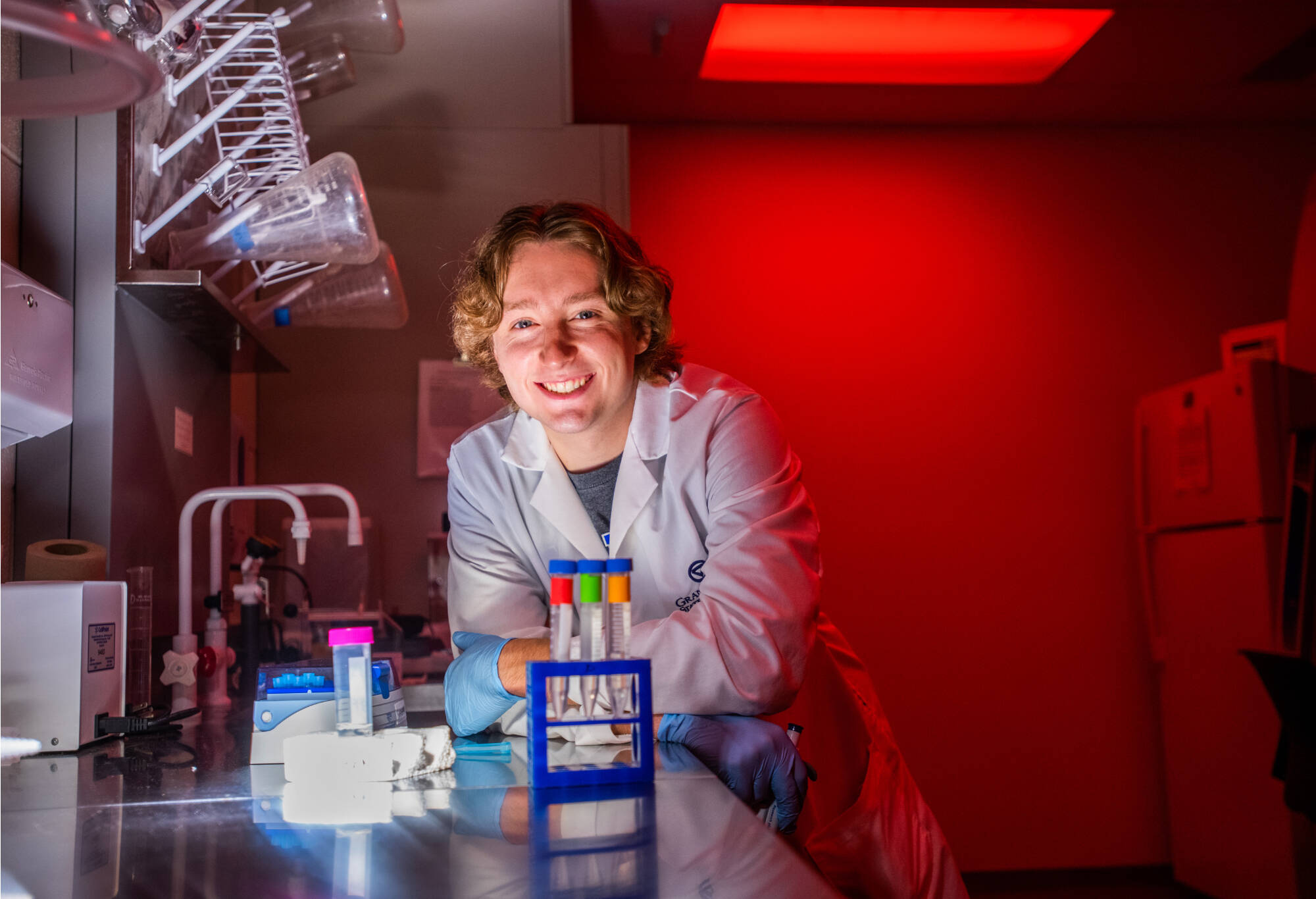 Summer Scholars student Derek Tonello works on his research project which focuses on trace amine associated receptor 1 and vulnerability to methamphetamine use disorders while in Kindschi Hall of Science on July 15, 2021. Tonello is studying biomedical...
